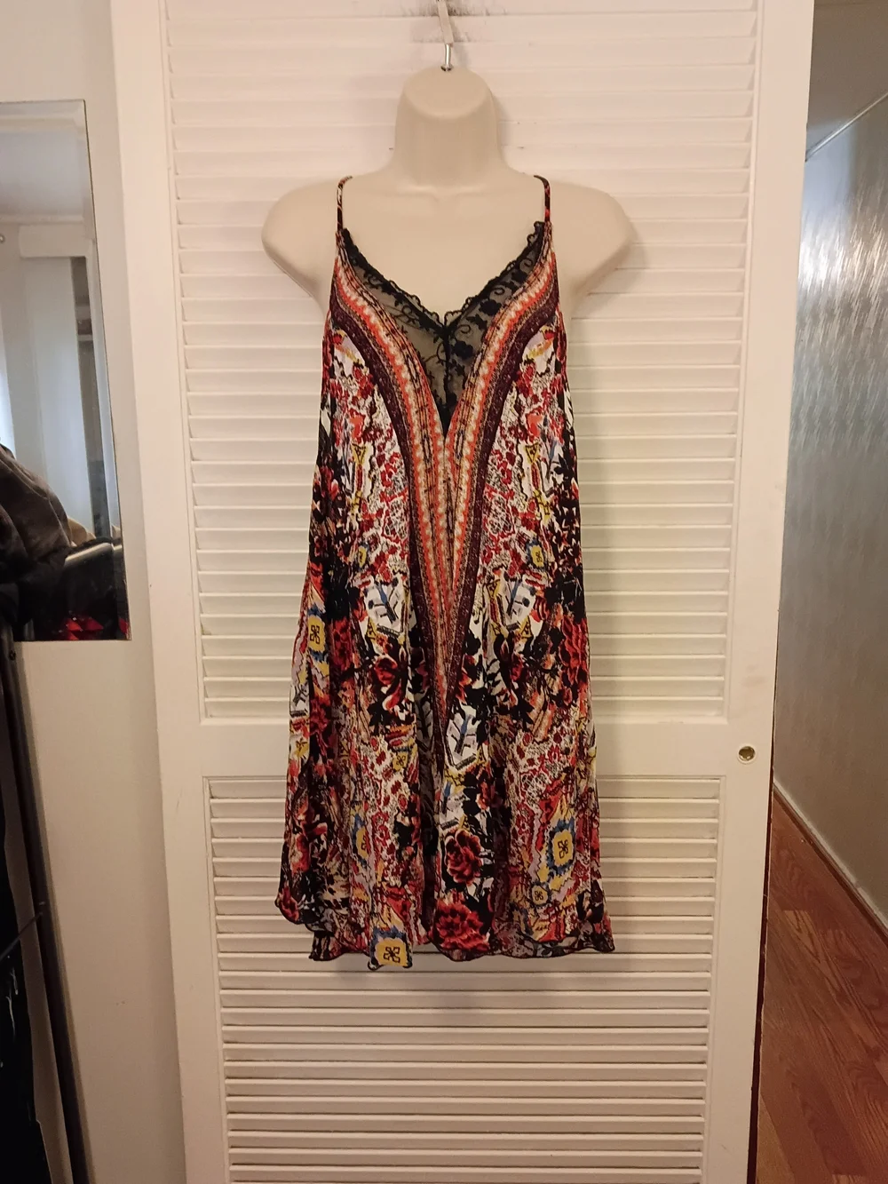 Free People Multicolor Floral Slip Dress with Black Lace Trim